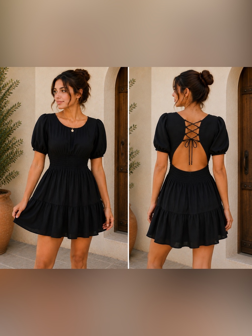 NWT wild fable Black Puff-Sleeve Lace-Up Open-Back Mini Dress with Tiered Skirt